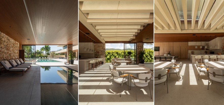 A piscina coberta também conta com chaises, assim como na parte externa, permitindo o descanso e o conforto de todos. Já no espaço gourmet, ao lado da piscina, a arquiteta Patricia Penna equipou a estrutura para o churrasco com uma potente coifa mimetizada, máquina de gelo, uma ampla mesa de jantar e outras duas circulares | Projeto: Patricia Penna Arquitetura & Design| Fotos: Leandro Moraes