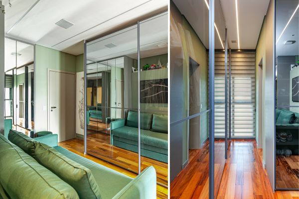 No closet senhor, a arquiteta Cristiane Schiavoni recorreu ao estilo padrão com os armários fechados com portas espelhadas e um sofá-cama que pode acomodar, se necessário, algum hóspede| Fotos: Carlos Piratininga