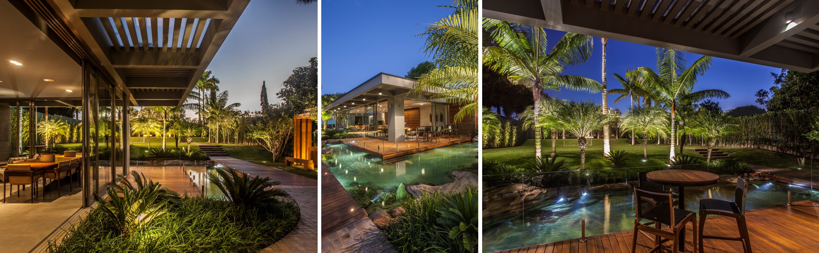 Diferentes ângulos do lago que abraça o deck e a área gourmet, ambiente perfeito para momentos de pausa ou de encontros com os amigos. Ao fundo, é possível ver as palmeiras-de-pescoço-marrom (Dypsis leptocheilos) | Paisagismo de Depieri Paisagismo | Arquitetura de Denise Zuba Arquitetos | Execução do Lago de Junior Natural Lagos | Fotos: Clausem Bonifacio