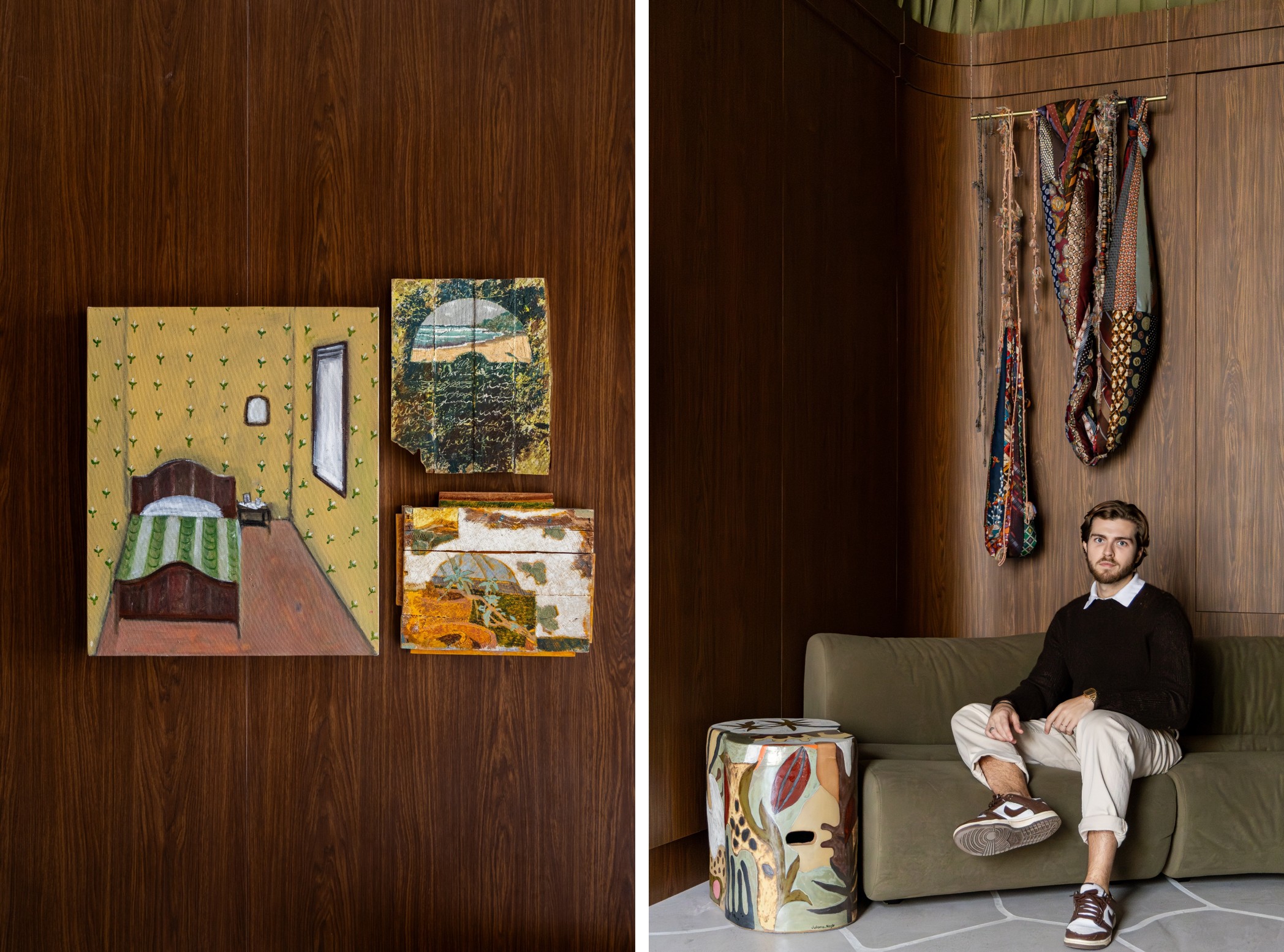 Na primeira foto, quadros La pared de Papel II, de Lilian Camelli; e Seashore e Boldo, de Uéslei Fagundes. Na outra imagem, Lucas Carrara ao lado da mesa lateral e banco em cerâmica de alta temperatura, da série Festas Brasileiras, de Juliana Nagle, que surge como peça decorativa e funcional. Logo acima está a arte-objeto Varal Serpente 3, de Renato Dib, feito com gravatas de seda, cordas recicladas, botões antigos e cano de latão | Fotos: Felipe Cuine