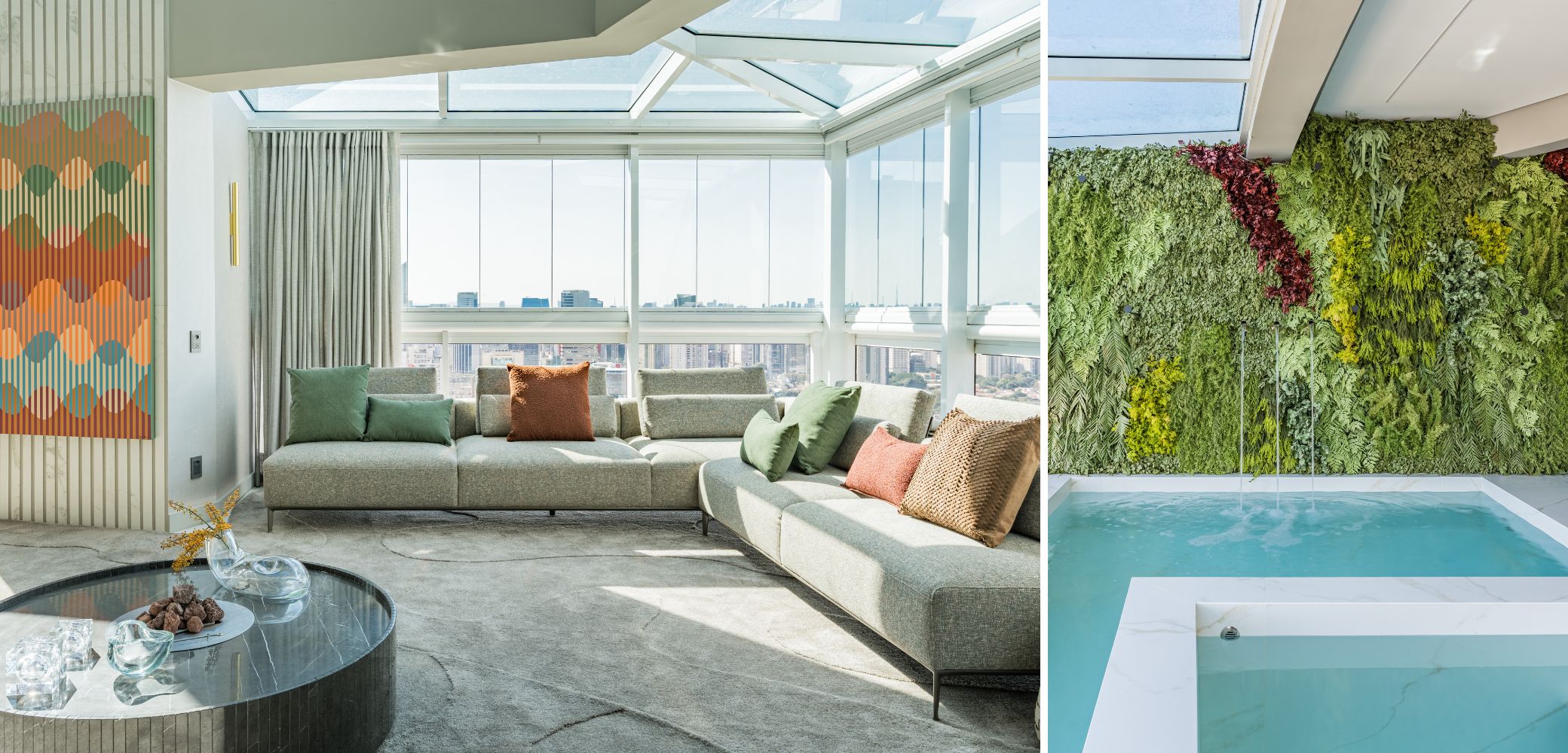 A integração total realizada pela arquiteta Ana Rozenblit permitiu incorporar o spa ao living como parte do cotidiano do casal, transformando a área social em um espaço de relaxamento contínuo, sem perder a vocação para receber | Projeto Spaço Interior | Foto: Kadu Lopes