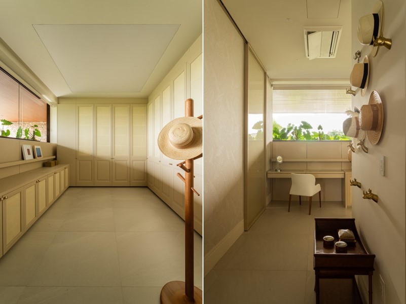 A suíte master conta ainda com um amplo closet, com inúmeros compartimentos, estação para maquiagem e autocuidado e uma parede dedicada aos chapéus do casal. Projeto: Patricia Penna Arquitetura & Design | Fotos: Leandro Moraes