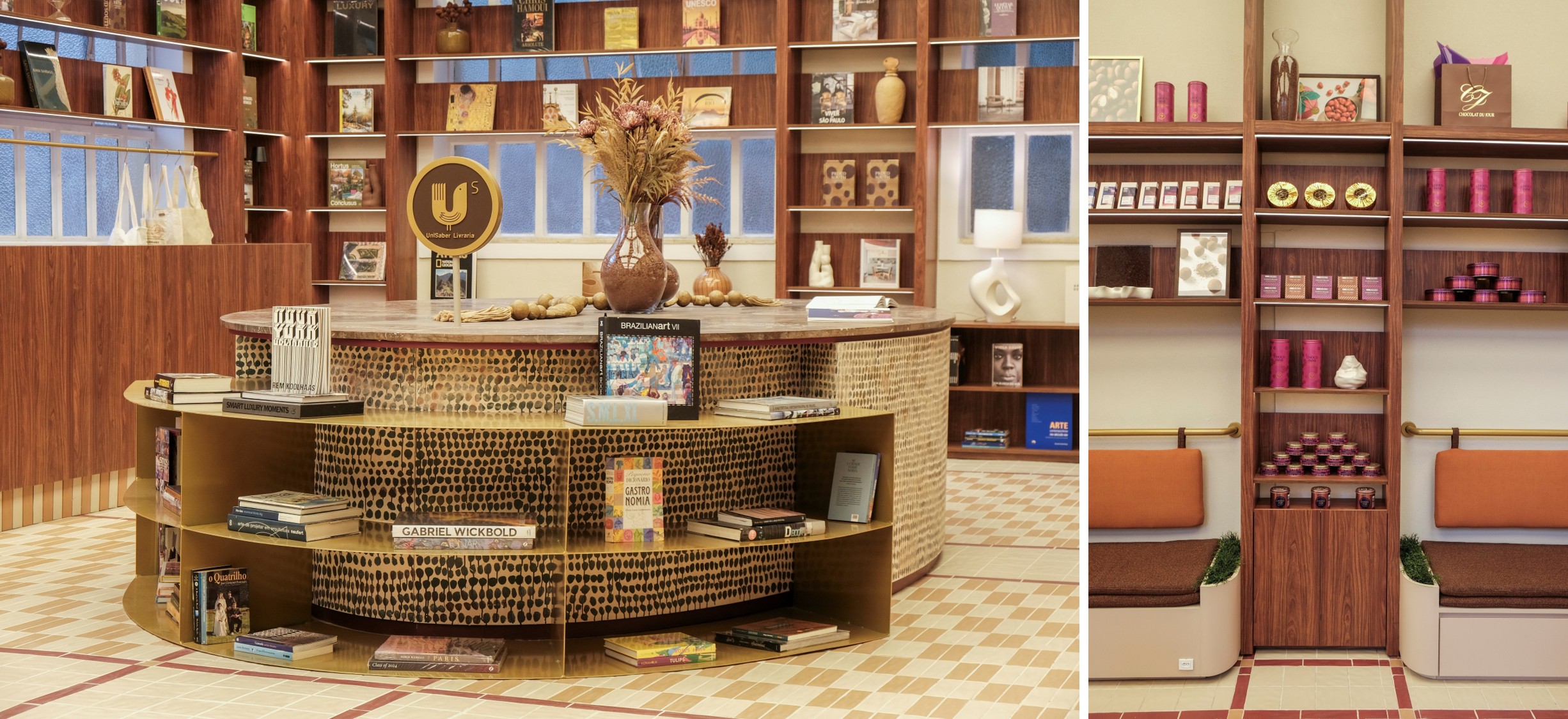 Com um acervo dedicado ao universo das artes, a Livraria UniSaber convida o visitante a explorar seus títulos sem pressa, enquanto na posição oposta a Chocolat du Jour, apresentará a sofisticação de seus chocolates e o cardápio de cafés. Projeto do Studio Sitta + Barbo para a CASACOR São Paulo 2026.