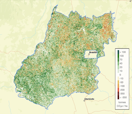 Mapa de mudança de biomassa acima do solo em Goiás entre 2000 e 2024